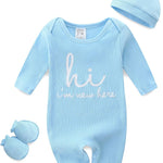 Baby Romper with Baby Mittens & Newborn Hats Footless Long Sleeve | Solid Onesie Hi Im New Here Baby Clothes Boy Girl Newborn Onesie Romper 0-3 Months Baby Boy Stuff Coming Home Outfit Gifts