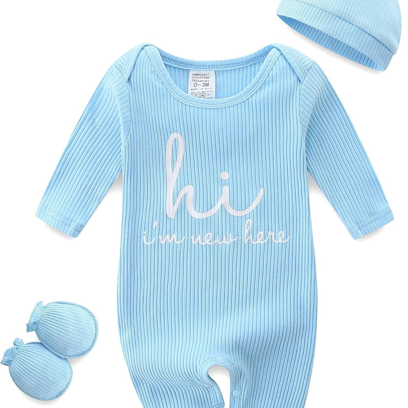 Baby Romper with Baby Mittens & Newborn Hats Footless Long Sleeve | Solid Onesie Hi Im New Here Baby Clothes Boy Girl Newborn Onesie Romper 0-3 Months Baby Boy Stuff Coming Home Outfit Gifts