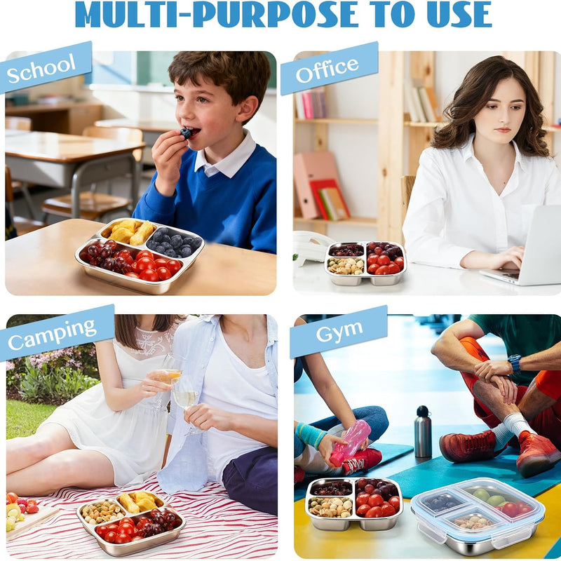 Stainless Steel Snack Containers, 3 Compartments Reusable on and go Bento Box with Lids for Kids, Lunch Box Pre Meal Storage for Daycare School Outdoor Camping Travel - Blue