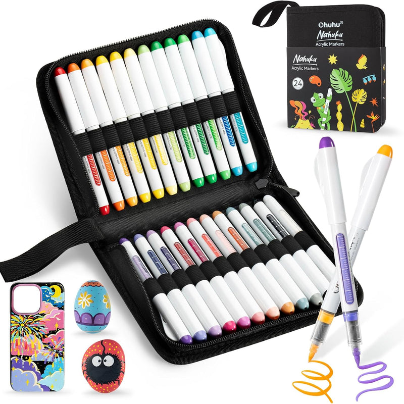 Ohuhu Acrylic Paint Markers Brush Tip: 48 Pack Automatic Ink Control Acrylic Markers High Opacity Paint Pens Water-Resistant Lightfast for Rock Painting 3D Prints Easter Eggs Wood DIY Crafts- Nahuku
