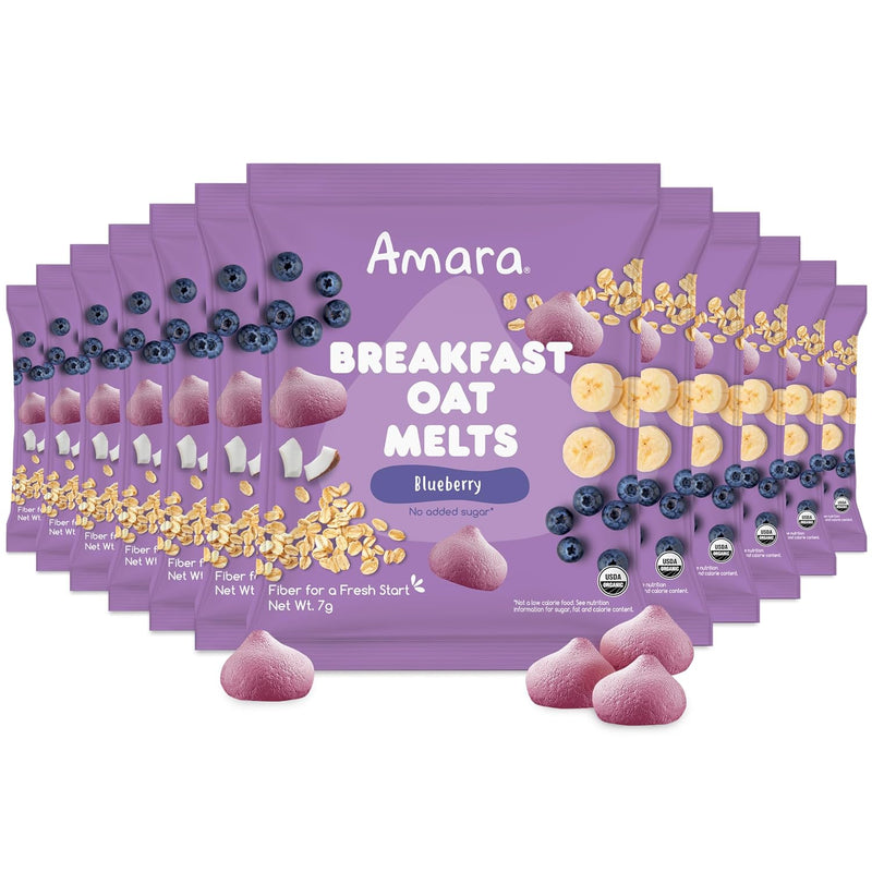 Amara Breakfast Oat Melts - Organic Toddler Snack - Single Serve Fiber-Packed Oat Bites with Real Fruit, No Added Sugar, Quick Dissolving, Strawberry - 12 Pack