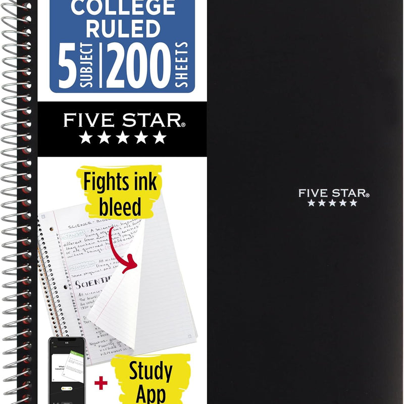 Five Star Spiral Notebook + Study App, 5 Subject, College Ruled Paper, 8-1/2" x 11", 200 Sheets, Fights Ink Bleed, Water Resistant Cover, Black (72081)