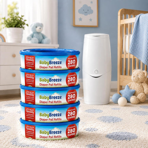BabyBreeze Diaper Pail Refill Bags for Diaper Genie, 5-Pack, 1400 Count | Odor-absorbing Diaper Disposal Bags Compatible with Playtex Diaper Genie Pails; 5-Pack Holds up to 1,400 Newborn Diapers
