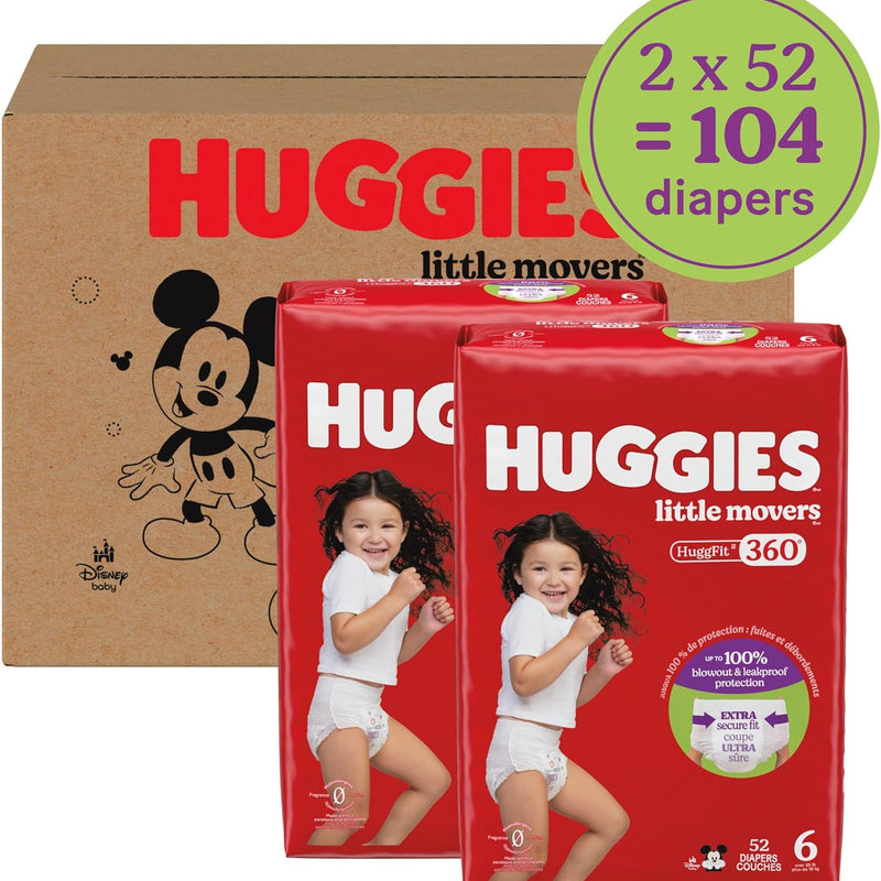 Huggies Little Movers HuggFit 360 Diapers Size 6, 104 Count (2 Packs of 52)