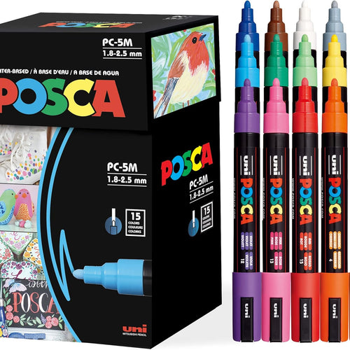 Posca Paint Art Markers, Set of 15 5M Medium Acrylic Markers with Reversible Tips, Artist Recommended Paint Pens for Gifts, Decorations, Fabric, Metal, Windows, Wood and Canvas