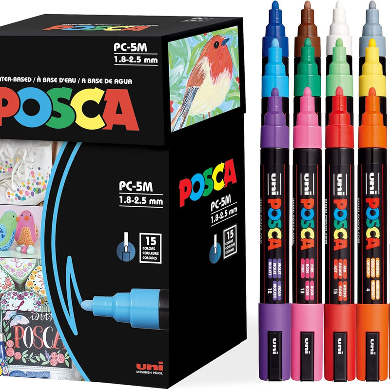 Posca Paint Art Markers, Set of 15 5M Medium Acrylic Markers with Reversible Tips, Artist Recommended Paint Pens for Gifts, Decorations, Fabric, Metal, Windows, Wood and Canvas
