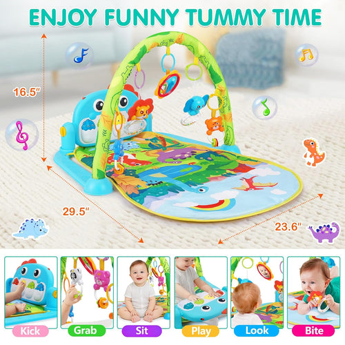 UMIKU Baby Gym Play Mats Baby Tummy Time Mat Musical Activity Center for Newborn Infant Piano Babies Play Mat Music & Light Newborn Infant Gifts for Babies 0-3 6 9 12 Months Dinosaur Style