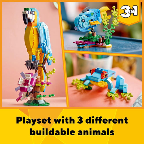 Lego Creator 3-in-1 Exotic Parrot Building Set with 3 Transformable Animal Figures for Kids Ages 7+