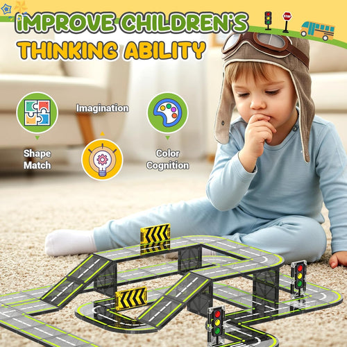 HarworLife Magnetic Tiles Road Set, Magnetic Building Blocks for Toddler Kids, Montessori Educational Magnet Toys for Kids Ages 3+Year Old, STEM Creative Toy for Christmas Birthday Gifts