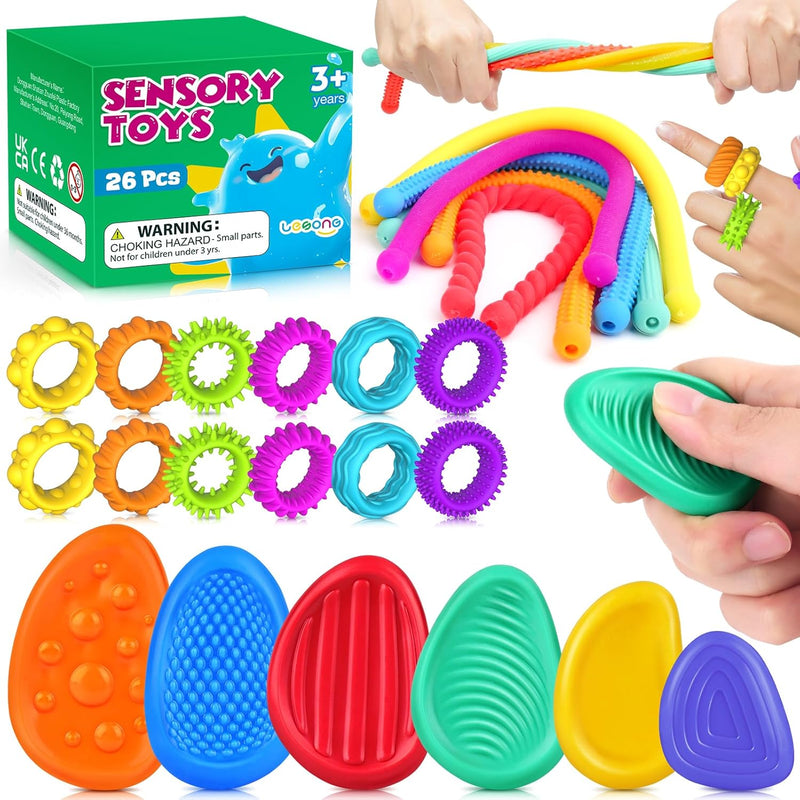 Fidget Sensory Toys for Kids: 26 Pack Quiet Squishy Fidgets for Classroom Students Prizes- Textured Soft Fidget Rings Stretchy Strings for Autism - Office Desk Toddler Travel Fidget Box,Easter Gifts