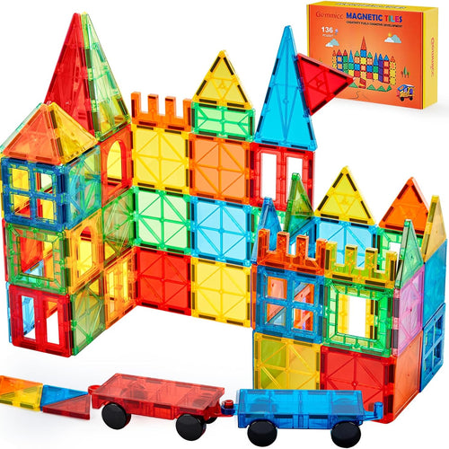 Gemmicc Magnetic Tiles, Deluxe 136 PCS Building Blocks Magnet Toys for Kids,3D Magnet Puzzles Stacking Blocks for Boys Girls,Huge Set with 2 Cars