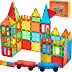 Gemmicc Magnetic Tiles, Deluxe 136 PCS Building Blocks Magnet Toys for Kids,3D Magnet Puzzles Stacking Blocks for Boys Girls,Huge Set with 2 Cars