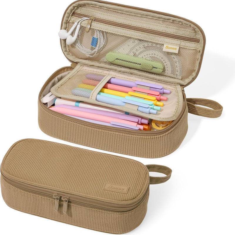 SUNEE Cute Pencil Case, Soft Corduroy Large Capacity Pencil Pouch, Aesthetic Zipper Pencil Bag, Big Storage Pen Organizer for Stationery, Pencil Box Back to School Supplies for Teen Girls Boys, Beige
