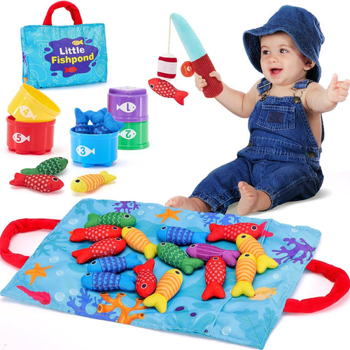 10-in-1 hahaland Montessori Cloth Fishing Game for 1 Year Old Boys and Girls with Stacking Cups