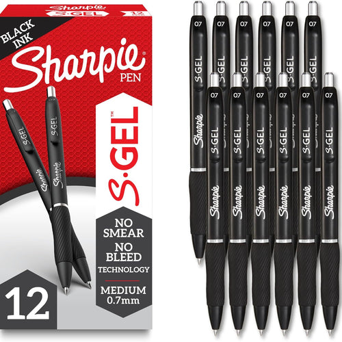 Sharpie S-Gel Gel Pens, Black Barrel, Medium Point (0.7mm), Black Gel Ink, 12 Count - Home, Office, School, Journaling, Writing, Note-Taking, Teacher Supplies