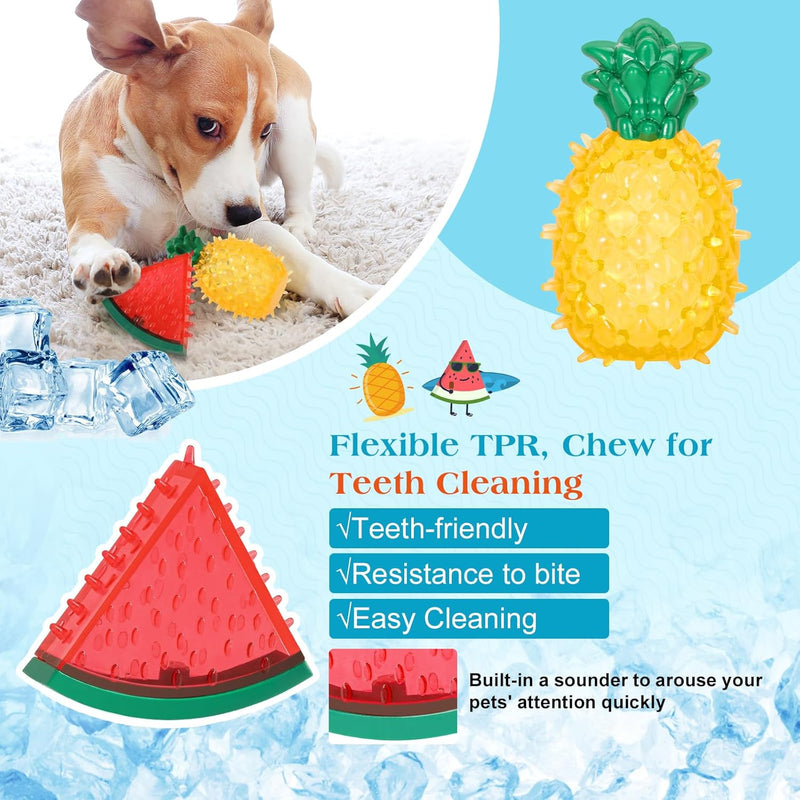 Pawaboo Pet Teether Cooling Chew Toys, Freezable Teething Toy for Puppies, Watermelon and Pineapple Shape Freeze Interactive Toys in Summer, Frozen Dog Treat Training Tools for Small and Medium Dogs