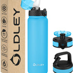 Oldley Insulated Water Bottle 20oz for Adults Kids Stainless Steel Water Bottles with Straw/Chug/Carabiner 3 Lids Fruit Strainer Double Wall Vacuum Wide Mouth BPA Free Leak-Proof for School Travel