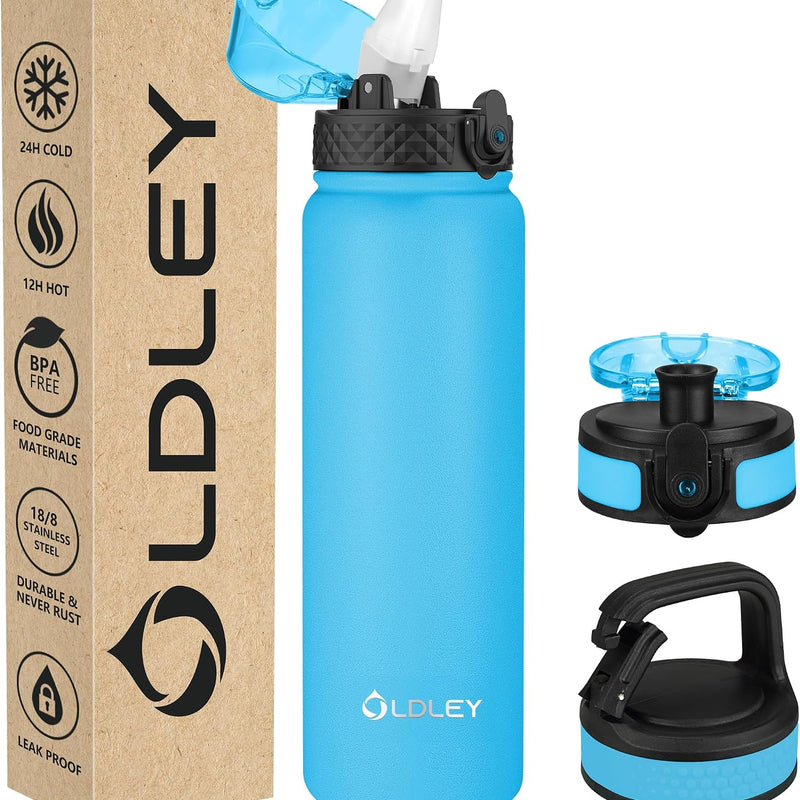 Oldley Insulated Water Bottle 20oz for Adults Kids Stainless Steel Water Bottles with Straw/Chug/Carabiner 3 Lids Fruit Strainer Double Wall Vacuum Wide Mouth BPA Free Leak-Proof for School Travel