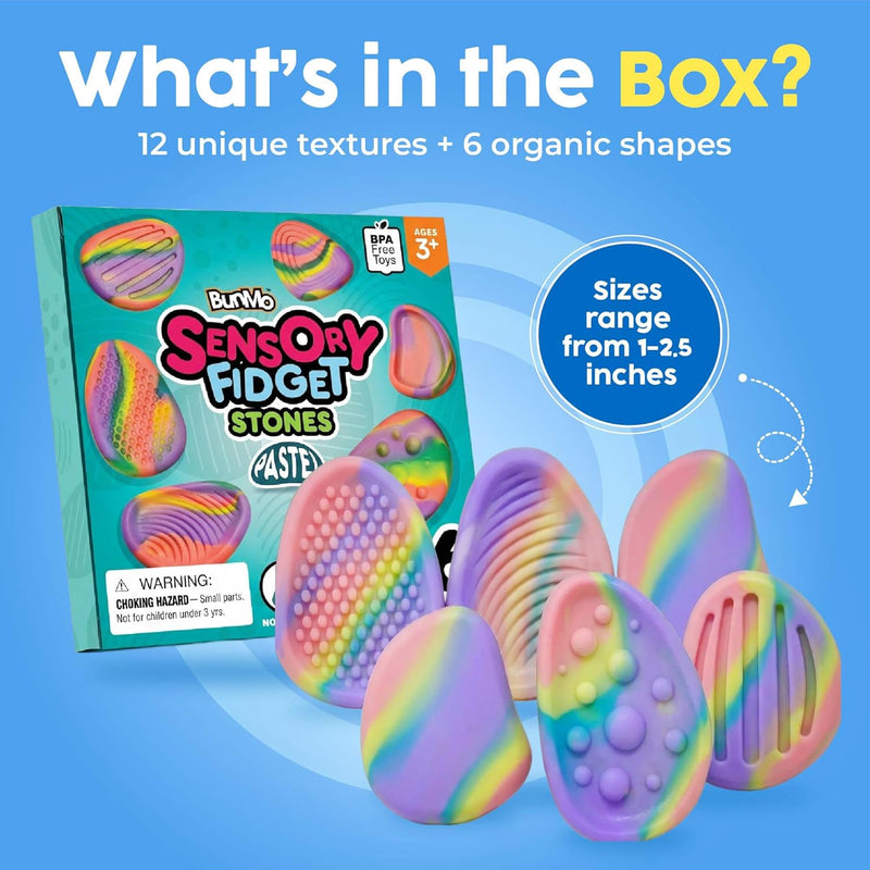 BUNMO Fidget Toys - Fidget Stones Sensory Toys – 6pk Pastel | Silicone Worry Stones for Kids Ages 3+ | Portable, Textured, Quiet Sensory Stones for Hands-On Play