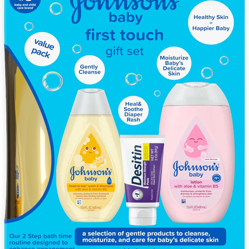 Johnson's Baby First Touch Baby Essentials Gift Set with Body Wash & Shampoo, Body Lotion, & Zinc Oxide Diaper Rash Paste for Baby's Delicate Skin, Hypoallergenic, No Added Parabens or Dyes, 3 Items