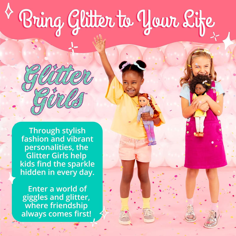 Glitter Girls – 14-Inch Fashion Doll – Brown Hair & Blue Eyes – Pink Dress, Glittery Shoes & Hairbow – Dolls for Girls 3+ Years – Bluebell
