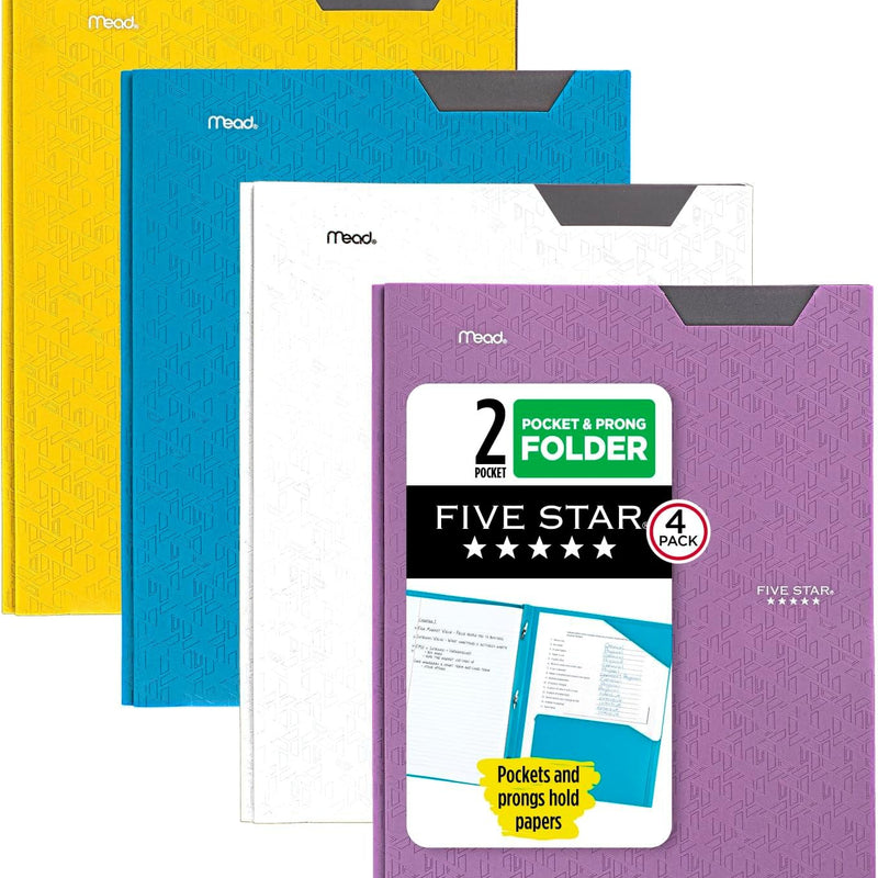 Five Star 2-Pocket Plastic Folder with Stay-Put Tabs and Prong Fasteners, Holds 8.5" x 11" Paper, Assorted Colors, 4 Pack (340300A)