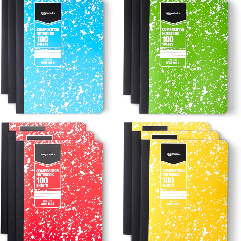Amazon Basics Composition Notebook, College Ruled, 100 Sheets, 9.75" x 7.5", Assorted Marble Colors, 4-Pack