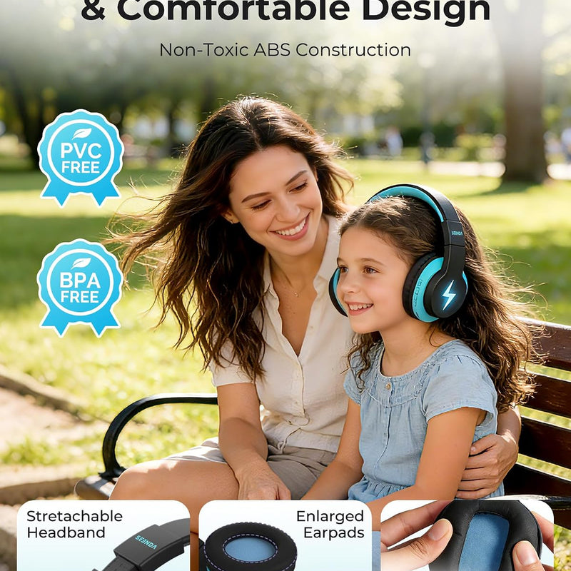 seenda JCH-01 Kids Bluetooth Headphones, 85/94dB, 3 Light Modes,Black&Blue | 75H playtime, soft padded fit, mic & AUX cord, stickers & doodle fun kids love; Wireess Headphones for school, travel, iPad.