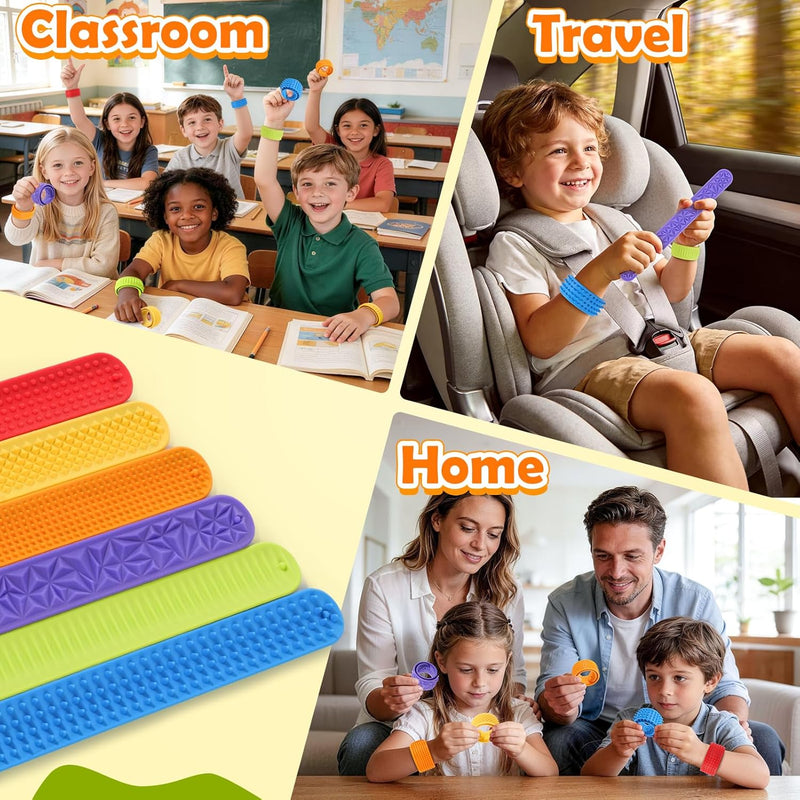 Sensory Fidget Toys for Kids: Textured Silicone Slap Bracelets 6 Pack, Stress Relief Fidgets for Autism ADHD, Wearable Sensory Toys for Adults Office Desk, Calm Down Travel Airplane Toys