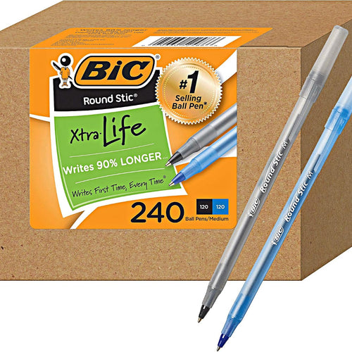 BIC Round Stic Xtra Life Ballpoint Pens, 1mm, 120 Black 120 Blue, 240 Pack | Bulk Pack of 120 Black &120 Blue Pens, Office Essentials and Teacher Supplies for Back-to-School Classrooms