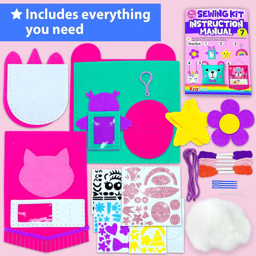 KRAFUN My First Sewing Kit for Kids Ages 6-12 | 7 Animal Dolls | 7 stuffed animal & plush pillow projects. Pre-punched felt & instructions included. Gift for girls & boys