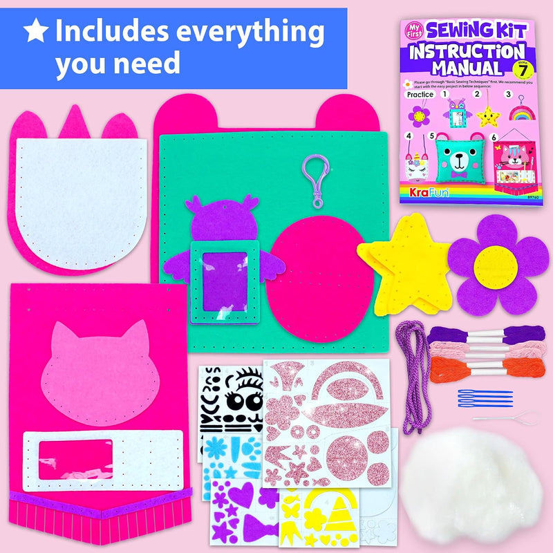 KRAFUN My First Sewing Kit for Kids Ages 6-12 | 7 Animal Dolls | 7 stuffed animal & plush pillow projects. Pre-punched felt & instructions included. Gift for girls & boys
