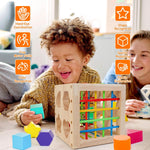 HELLOWOOD Montessori Toys for 1+ Year Old, Wooden Sorter Cube with 8pcs Rattling Shapes, Developmental Learning Toy Gifts for Baby Toddler Boys Girls, Gift Packaging