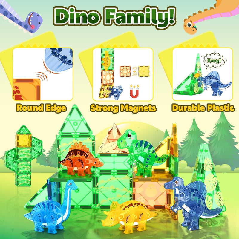 Coodoo Dinosaur Toys Magnetic Tiles 3D Movable Dinos for Kids 3-5 5-7 Toddler Outdoor Sensory Toys, STEM Educational Magnetic Blocks for 3+ Years Old Boys Girls Kids Toy