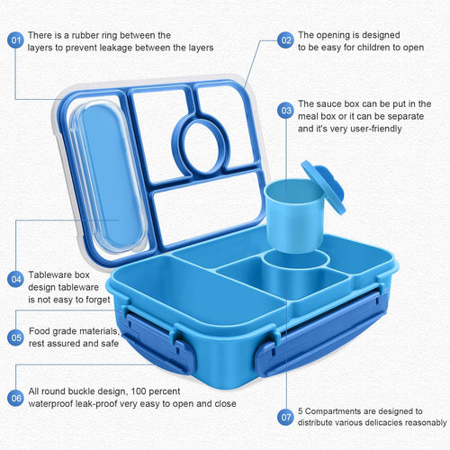 Amathley Bento Box Adult Lunch Box Kids,Lunch Containers for Adults/Kids/Toddler,5 Compartments Bento Lunch Box with Sauce Vontainers,Microwave & Dishwasher & Freezer Safe,BPA-Free (Blue)