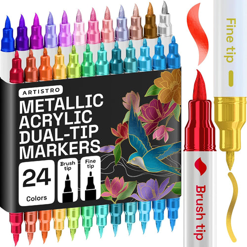 ARTISTRO 24 Metallic Acrylic Paint Markers - Paint Pens for Drawing - For Fabric, Rock, Glass, Wood, Molds - Arts & Crafts Gift for Adults, Teens, Kids, Classroom Must Haves & School Supplies