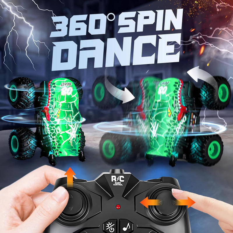 BEZGAR 1:20 Scale Remote Control Monster Truck with Light & Music for Kids 4-7, Dinosaur RC Car with 360° Spins and Drifting