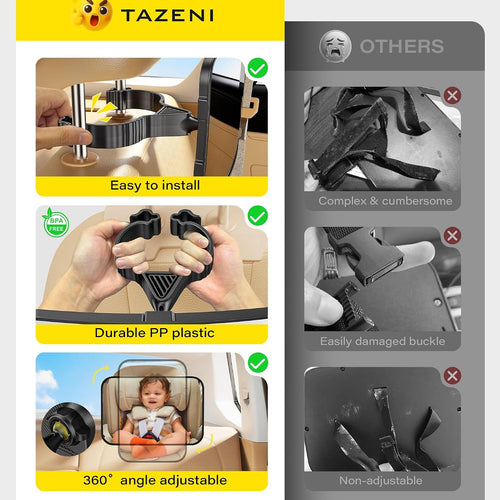 TAZENI Car Mirror for Baby for Rear-Facing Car Seat, Ultra Stable Hook Clip | Shatterproof, 360° Adjustable View Angle, Super Stable Car Seat Mirror for Baby, Black