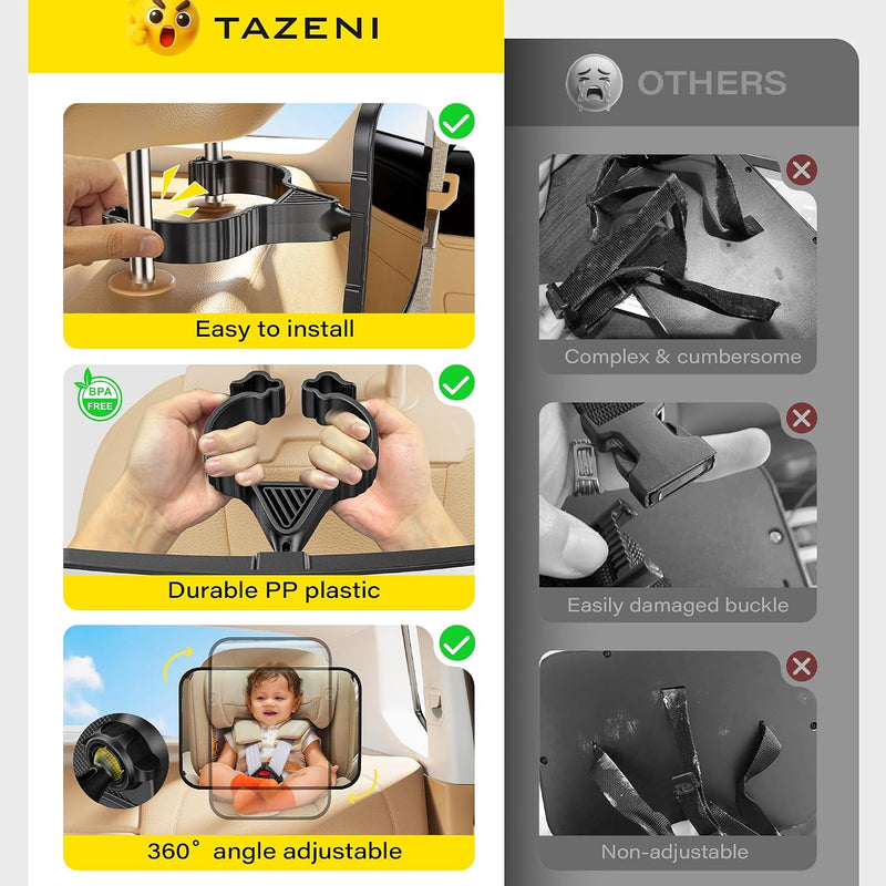 TAZENI Car Mirror for Baby for Rear-Facing Car Seat, Ultra Stable Hook Clip | Shatterproof, 360° Adjustable View Angle, Super Stable Car Seat Mirror for Baby, Black