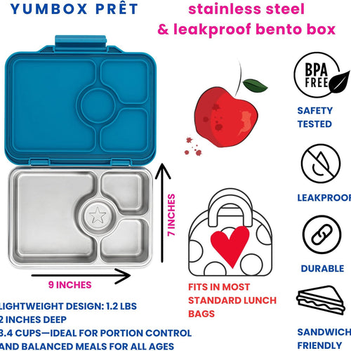 Yumbox Prêt Leakproof Stainless Steel Bento Lunch Box, Normandy Blue | Sandwich-Friendly Layout | Lightweight Design | Fits Most Lunch Bags | Dishwasher Safe (Top Rack)