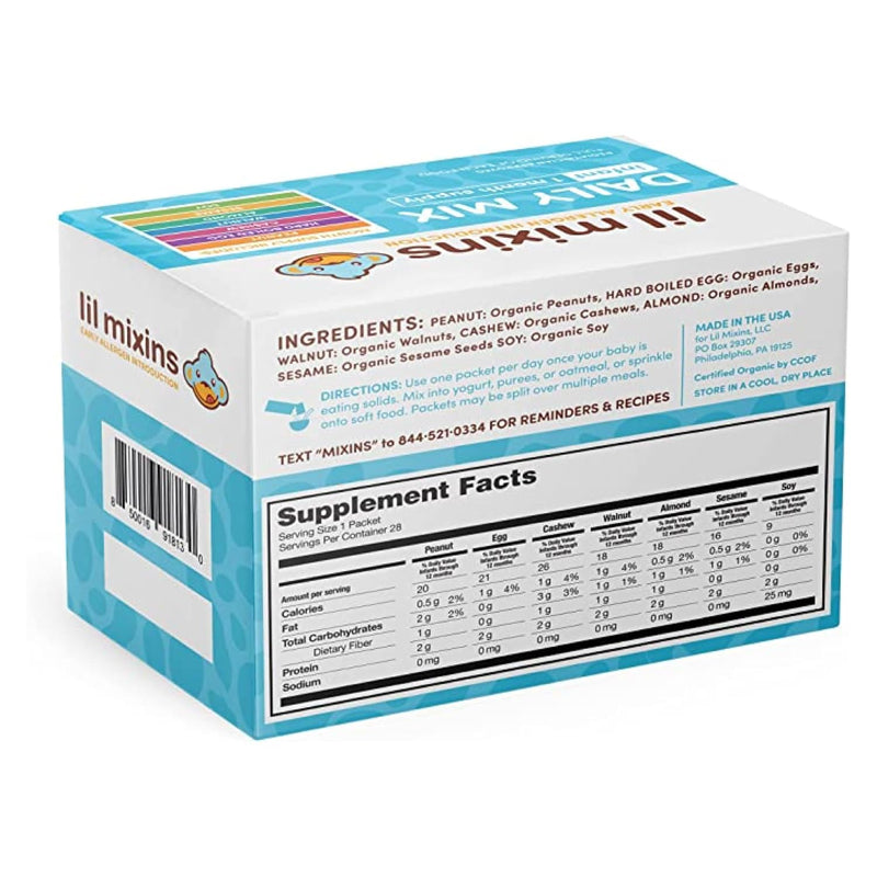 Lil Mixins Allergen Introduction Daily Mix for Babies, Top 7 Allergens | 7 Common Allergens: Peanut, Egg, Cashew, Walnut, Almond, Soy, Sesame, Easy-Mix Powder for Babies 4-12 Months, 1-Month Supply