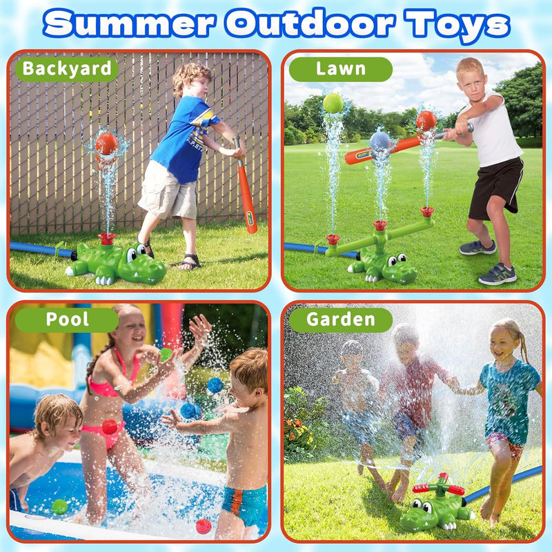 Intoypad 4-in-1 Kids Water Sprinklers T Ball Set & Water Ball Toy, Crocodile Baseball Sprinkler for Backyard Outdoor Summer Toys for Boys Girls Outside Yard Water Game Toys for Kids Toddlers Ages 3-8
