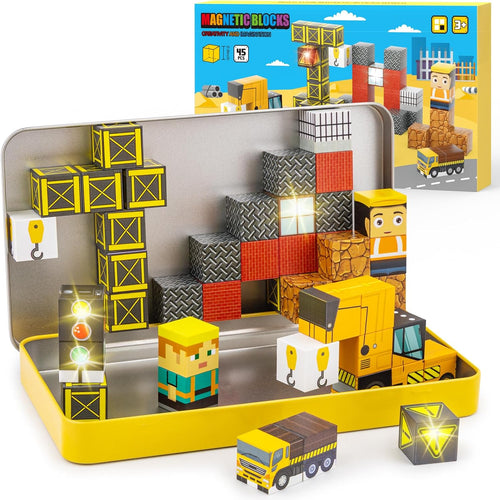 Aywewii Travel Magnetic Blocks 45 PCS for Kids Ages 3-5, Portable STEM Learning Set with Iron Case, Construction Edition