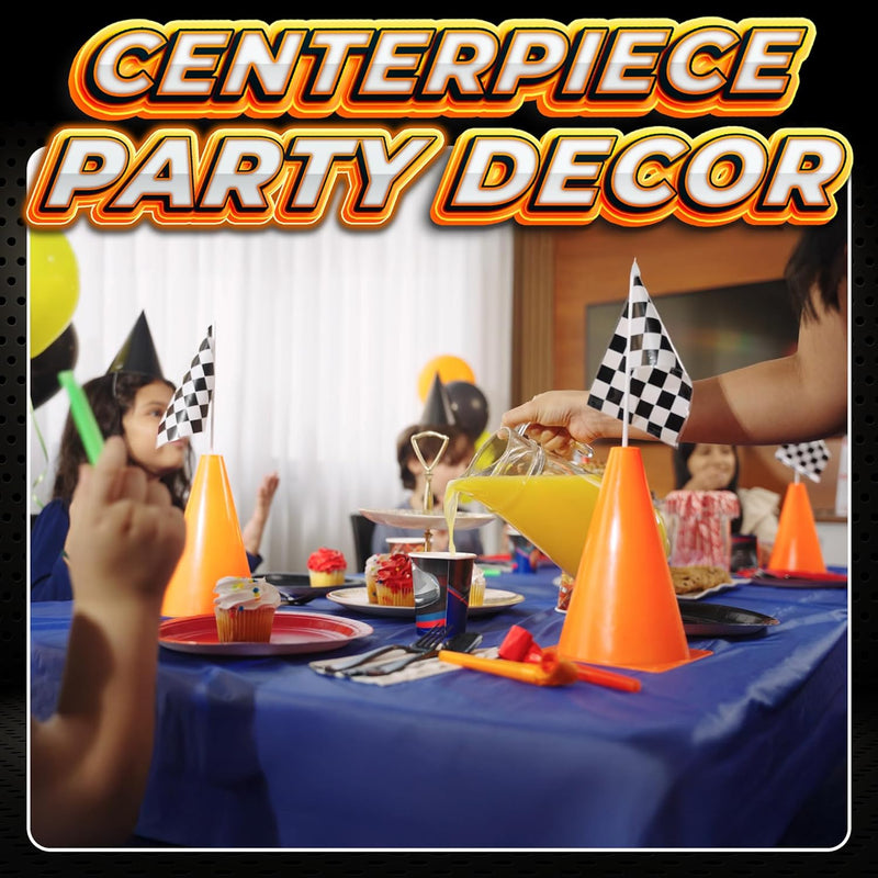 Bedwina Race Car Birthday Party Decorations - 36 Pcs, 12 Orange Mini Cones & 24 Black/White Checkered Flags