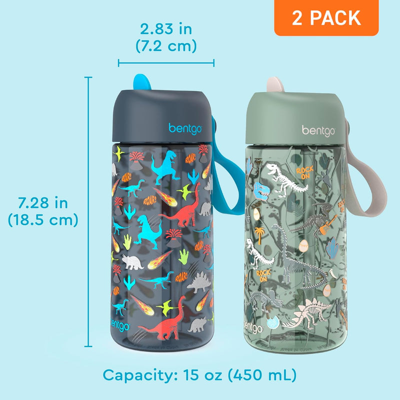 Bentgo Kids Water Bottle 2-Pack, Leak-Proof, 15 oz, Bite & Sip Spout | Durable Tritan, BPA-Free, Shatter-Resistant, Carry Handle, Top-Rack Dishwasher Safe (Dinosaur/Dino Fossils)
