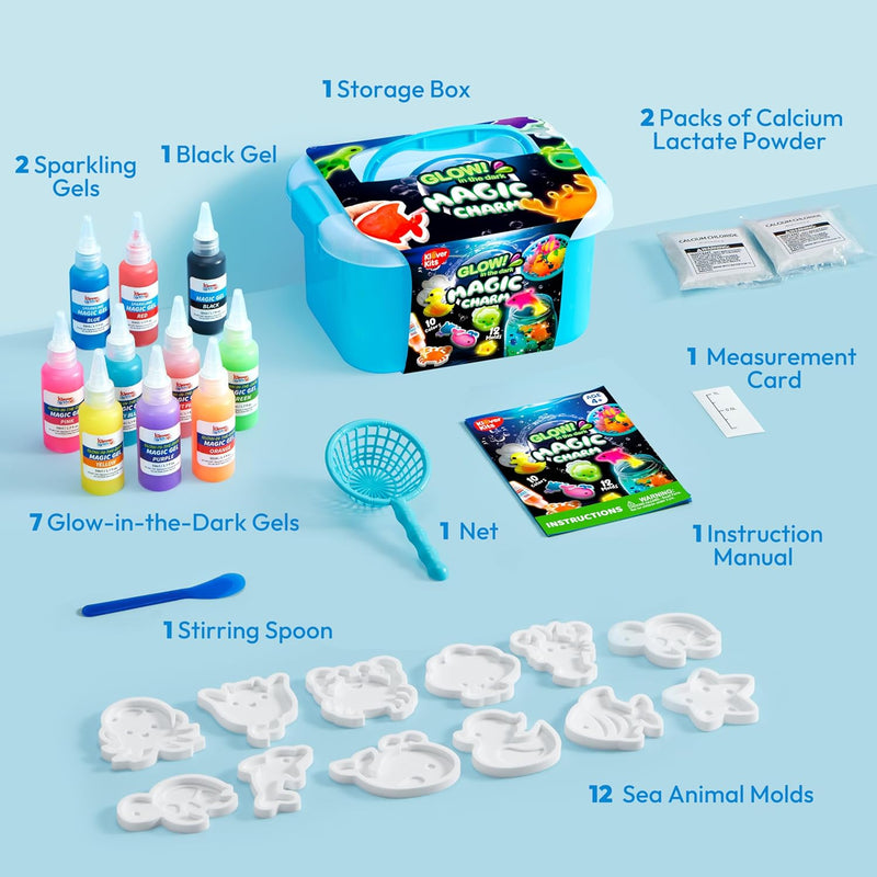 Klever Kits Glow-in-The-Dark Water Gel Kit, Magic Fairy Water Pets Toy Kit with 10 Gels(7 Glow-in-The-Dark Gels), 12 Molds, Preserving Bottle, DIY Squishy Maker Craft Kits, Arts and Crafts for Kids