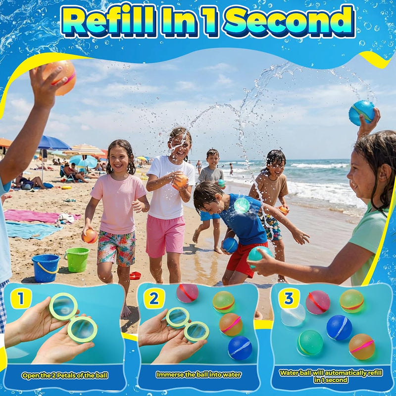 12 Pcs Reusable Water Balloons, Self-Sealing Refillable Water Balls, Pool Toys for Kids Ages 4-14, Pool Beach & Outdoor Water Ballons