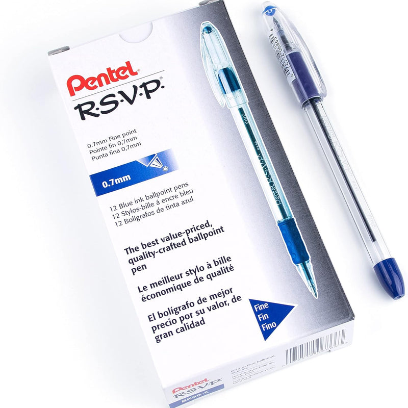 Pentel RSVP Ballpoint Pen, Fine Line, (0.7mm), Black Ink (BK90-A) (Pack of 1, 12 Count Total)
