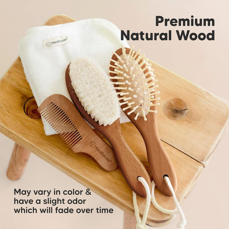 Wooden Baby Hair Brush Set for Newborns, Toddler Comb (Dark Walnut, Regular) | Soft Goat Bristle, Baby Brush and Comb Set, Infant Grooming Kit, Cradle Cap Care, Durable & Gentle, Boy, Girl Bath Essential