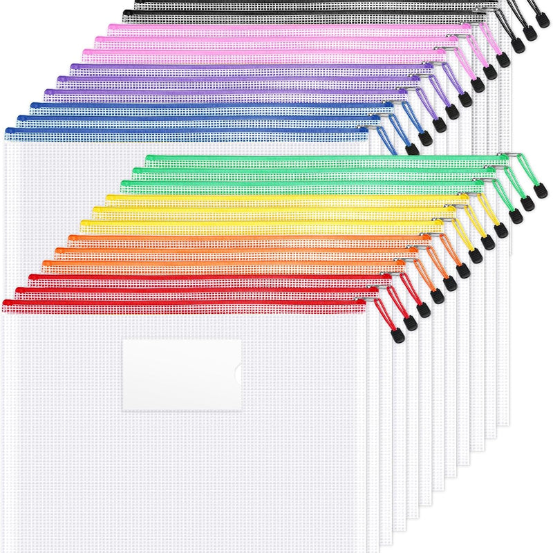 Sooez 24 Pack Mesh Zipper Pouch Bags with Label Pocket, A6 (9.1×4.7 in) Small Pencil Case Pouch for Organizing, Clear Plastic Pencil Pouches Bulk for School Supplies Storage, Money Envelopes for Cash